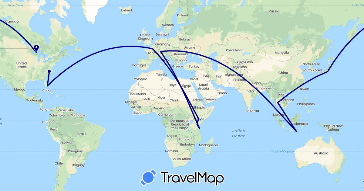TravelMap itinerary: driving in Switzerland, France, Indonesia, Japan, Kenya, Thailand, Tanzania, United States (Africa, Asia, Europe, North America)